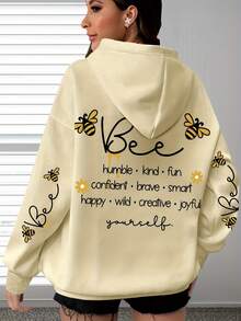 Women's Plus Size Thin Hooded Sweatshirt Long Sleeve Little Bee Letter Print Casual Plus Size Fashion Hooded Sweatshirt, Comfortable Women's Autumn/Winter Daily Wear Clothing - Apricot - View 1