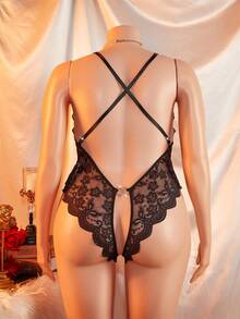 Lingerie Seksi Tanpa Selangkangan Berenda Ukuran Besar, Desain Tanpa Punggung Pas Badan dengan Leher V Dalam Semi-Transparan untuk Wanita Berlekuk, Hadiah Hari Valentine - Hitam - View 6