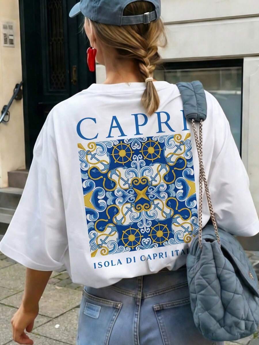 Women's Loose-Fitting Casual Letter Print T-Shirt, Vintage Style, Ideal For Versatile Everyday Wear, Holiday Wear, White Summer Tops. - 白色 - 查看 1
