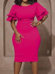 Elegant Round Neck Ruffle Sleeve Relaxed Fit Bodycon Midi Pencil Dress For Party - 玫紅色 - 查看 3