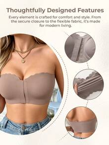Women's Solid Color Comfortable Front-Open Strapless Bra - Coffee Brown - View 7