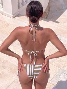 Bộ bikini hai mảnh nữ đi biển cổ yếm sọc trắng olive, chi tiết đính hạt, buộc dây bên hông, cắt cao - Nhiều màu - Xem 5