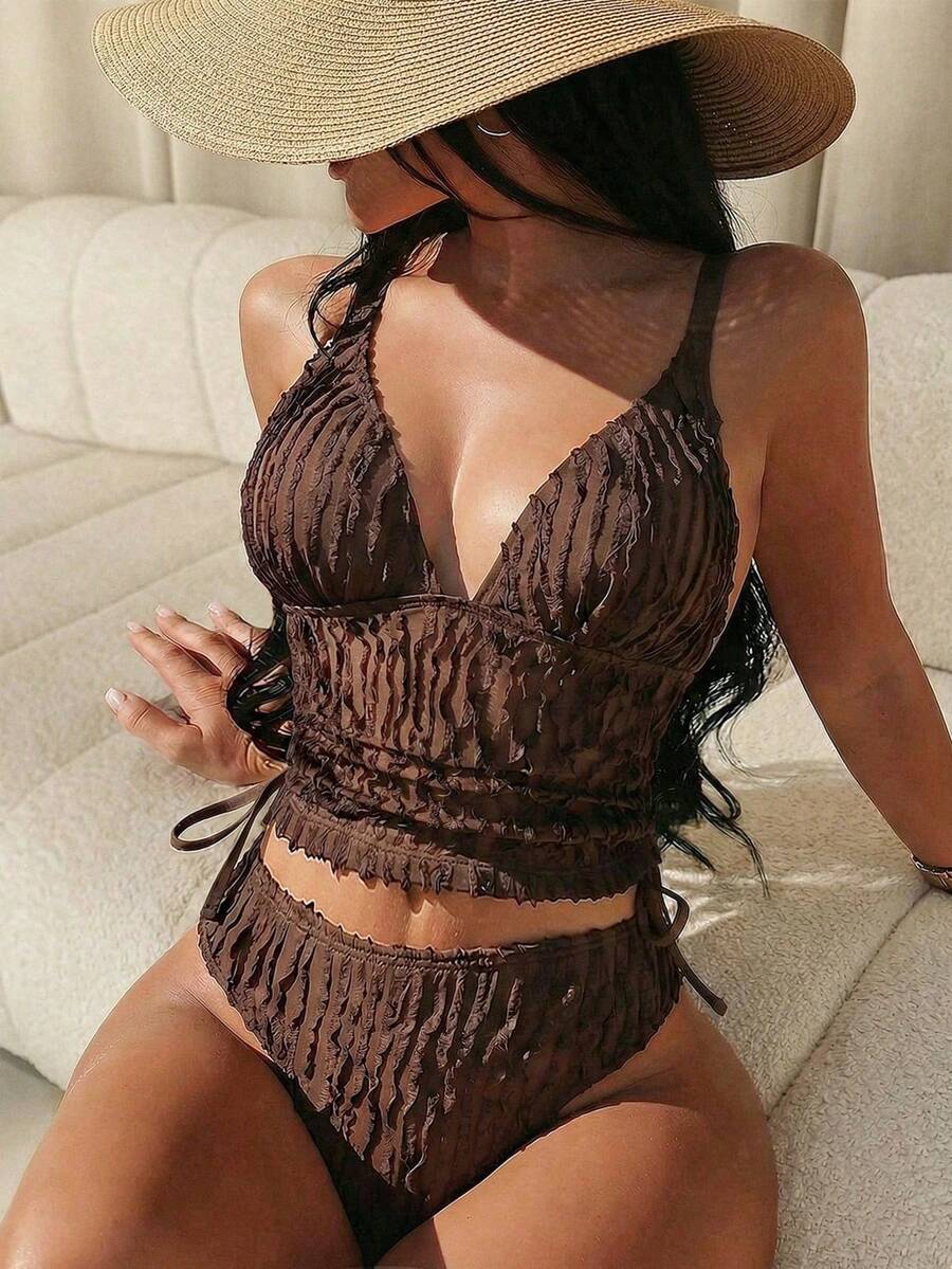 Traje de baño Swim de 2 piezas con estampado de leopardo para mujer, conjunto tankini con espalda descubierta y escote en V profundo, ropa de baño casual de verano para playa. - Marrón - Ver 1