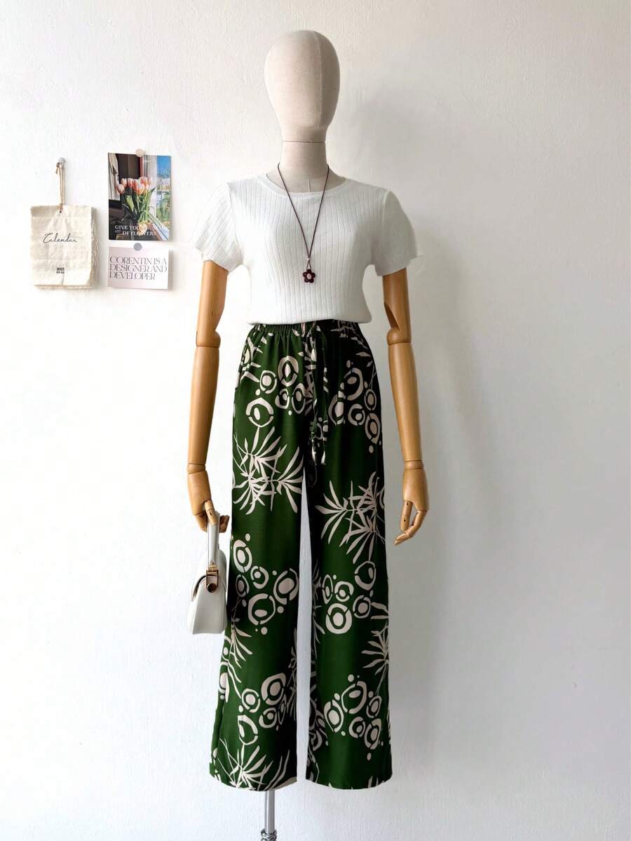Women's Pants With Floral Print, Duna Fabric. - 墨綠色 - 查看 1