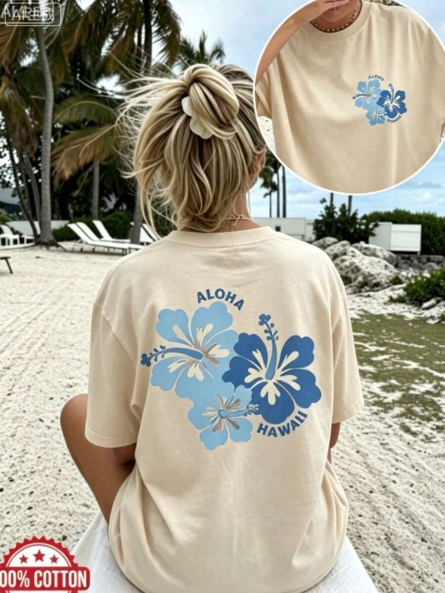 [Summer Beach Tee] High Stretch Women's Plus Size Casual Loose Fit Round Neck Short Sleeve T-Shirt |  "FEELING SALTY" Surf Skeleton Graphic Print 2026 - 杏色1 - 查看 1