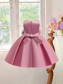 女童人造珍珠蕾絲緞面優雅花童公主禮服，適合派對，不含髮箍 - 藕粉色 - 查看 5