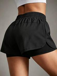 Women's Black Drawstring Shorts, Double Layer Anti-Exposure Beach Vacation Bottoms Sports Summer - Black - View 2