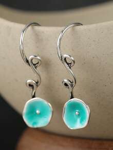 Women's Vintage Forest Style Lake Blue Enamel Earrings, Suitable For Daily Wear - Silver - View 7
