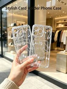 1 unidad Delicado diseño de lazo Funda para iPhone 16, protección anticaída con airbag reforzado en las cuatro esquinas, tarjetero invisible integrado en la parte trasera, compatible para tarjeta personal, carnet de conducir, tarjeta de acceso y tarjeta de transporte, funda protectora antigolpes portátil con ranura para tarjetas, diseño sencillo y elegante, ideal para uso diario, desplazamientos y viajes - transparente (transparente) - Ver 3