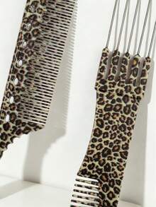 Juego de 2 piezas de peines con estampado de leopardo, peine profesional de dientes anchos y de cola de rata, herramienta de peinado de salón para desenredar, seccionar y uso diario, portátil para viajes y escuela - Multicolor - Ver 5