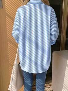 Women's Preppy Style Blue Striped Long Sleeve Button-Up Shirt, Classic Collar Design, Side Slit, Casual Loose Fit - Multicolor - View 6