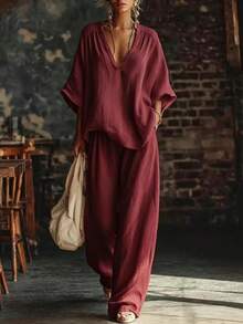 Plus Size Solid Color V-Neck Loose Top & Wide Leg Pants Two-Piece Set For Women - Burgundy - View 1