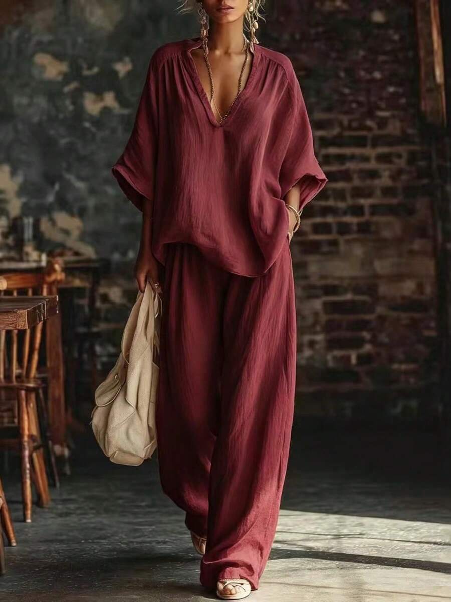 Plus Size Solid Color V-Neck Loose Top & Wide Leg Pants Two-Piece Set For Women - Burgundy - View 1