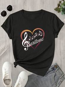 Esta blusa de manga corta y cuello redondo para mujer, con estampado de notas musicales y la palabra "Baritonee", es adecuada para todas las estaciones. - Negro - Ver 1