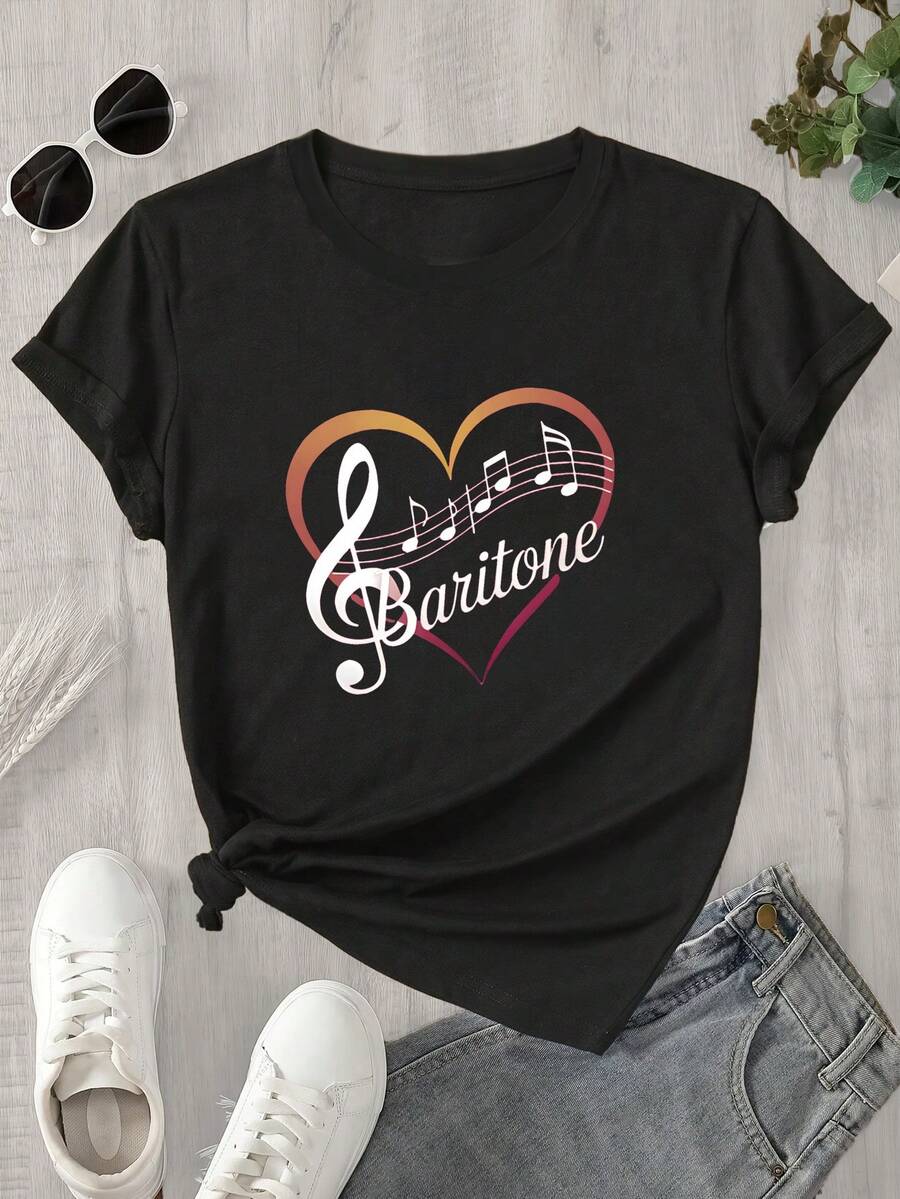 Esta blusa de manga corta y cuello redondo para mujer, con estampado de notas musicales y la palabra "Baritonee", es adecuada para todas las estaciones. - Negro - Ver 1
