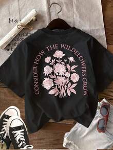 Minimalist. 100% Cotton. 1 Piece. Vintage Cotton Short-Sleeved T-Shirt With Double-Sided Print, Wildflower And Branch Print, THE WILDELOWERS Slogan Design, Women's Casual Summer Top. Spring And Summer Top. - 黑色 - 查看 2