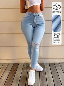 Distressed Skinny Fit Denim Jeans - Light Wash - View 1