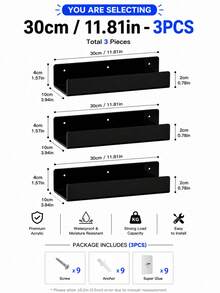3 Sizes Black Acrylic Floating Shelves, No Drilling Required, Expandable Wall Display Space, Acrylic Storage Rack, Suitable For Living Room, Bathroom, Game Room And Dorm Wall Decor - Black - View 7