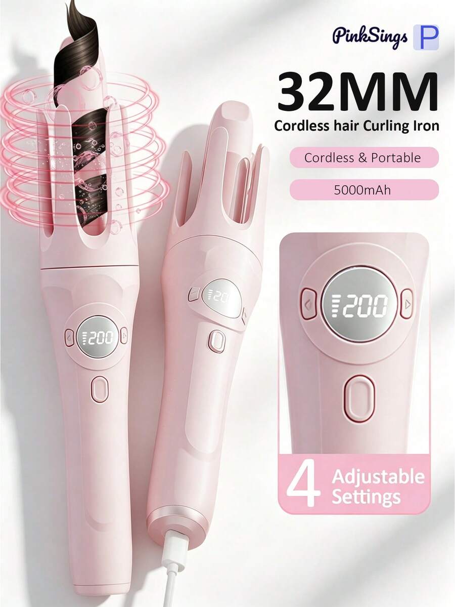 PinkSings 32mm Rizador de pelo portátil automático, 4 niveles de temperatura ajustables, rizador de pelo giratorio automático recargable por USB, diseño anti-quemaduras, batería de 5000mAh