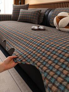 1pc Vintage Plaid Sofa Cushion, Machine Washable All-Season Sofa Cover, Scratch-Resistant Stain-Resistant Pet-Friendly Living Room Furniture Protector, Removable Washable Breathable All-Season Sofa Pad - Blue - View 4