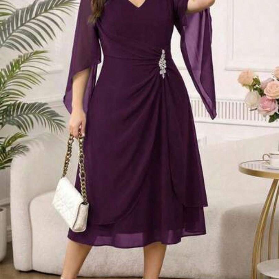 yonghongmaoyi1 Reflora Vestido de fiesta elegante de talla grande con decoración de cristales - Morado - Ver 1
