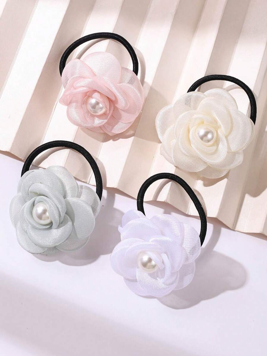 4 Pcs Girls Cute Faux Pearl Mesh Flower Hair Ropes, New Bohemia/Boho Flower Ponytail Holder Hair Tie Hair Accessory Set For Holiday Parties And Daily Use - Multicolor - View 1