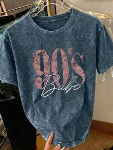 90s Retro Print Women's T-Shirt - Casual Short Sleeve Crew Neck Washed Top, Suitable For All Seasons Summer - Royal Blue - View 5