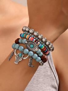 1 Set Bull Head Boots Turquoise Wood Bead Elastic Cord 5pcs Children's Bracelet Bangle - A - View 2
