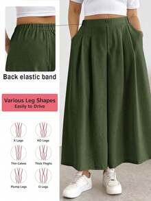 Pantalones/faldas cortas plisadas de cintura elástica, cómodos y sueltos, de estilo básico y versátil, para uso diario, que estilizan la figura, en color albaricoque, para mujeres de talla grande, para primavera/verano - Verde militar - Ver 1