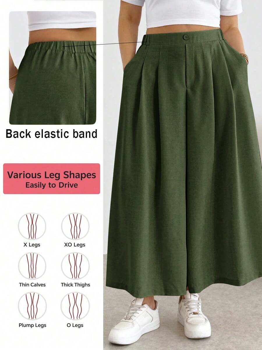 Pantalones/faldas cortas plisadas de cintura elástica, cómodos y sueltos, de estilo básico y versátil, para uso diario, que estilizan la figura, en color albaricoque, para mujeres de talla grande, para primavera/verano - Verde militar - Ver 1