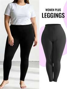 High Waist Solid Color Tight Elastic Yoga Pants, Soft & Comfortable Plus Size Women Sports Leggings - Black - View 5