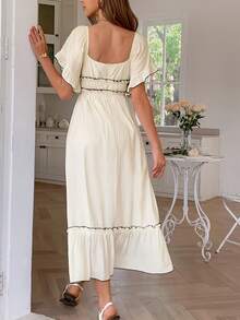 Women's Elegant And Fashionable Lotus Leaf Sleeve Square Neck Dress Long Skirt, High-End Inlaid Slim Waist Tight Cake Skirt Design Fluffy Dress - 杏色 - 查看 3