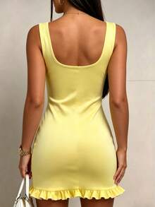 Váy mini bodycon dệt gân màu vàng chanh phong cách thường ngày mùa hè với gấu bèo, váy A-line cổ vuông không tay thanh lịch cho nữ đi tiệc, nghỉ dưỡng - Màu vàng - Xem 5