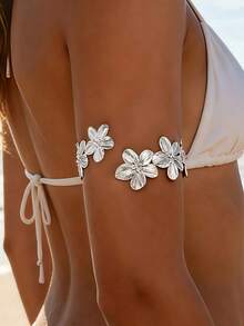 1pc Women's European & American Bohemian Vacation Style Shiny Silver 3D Flower Open Cuff Arm Bracelet, Adjustable Design, Beach Party Music Festival Atmosphere Niche Elegant Arm Accessory - Silver - View 3