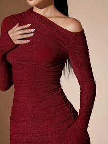 Vestido hombro único brillante manga larga ajustado fiesta primavera - Rojo - Ver 3