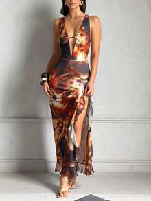 Women's Summer Dress, Brown Printed V-Neck Dress, High Slit Ruffle Hem Wedding Party - Brown - View 11