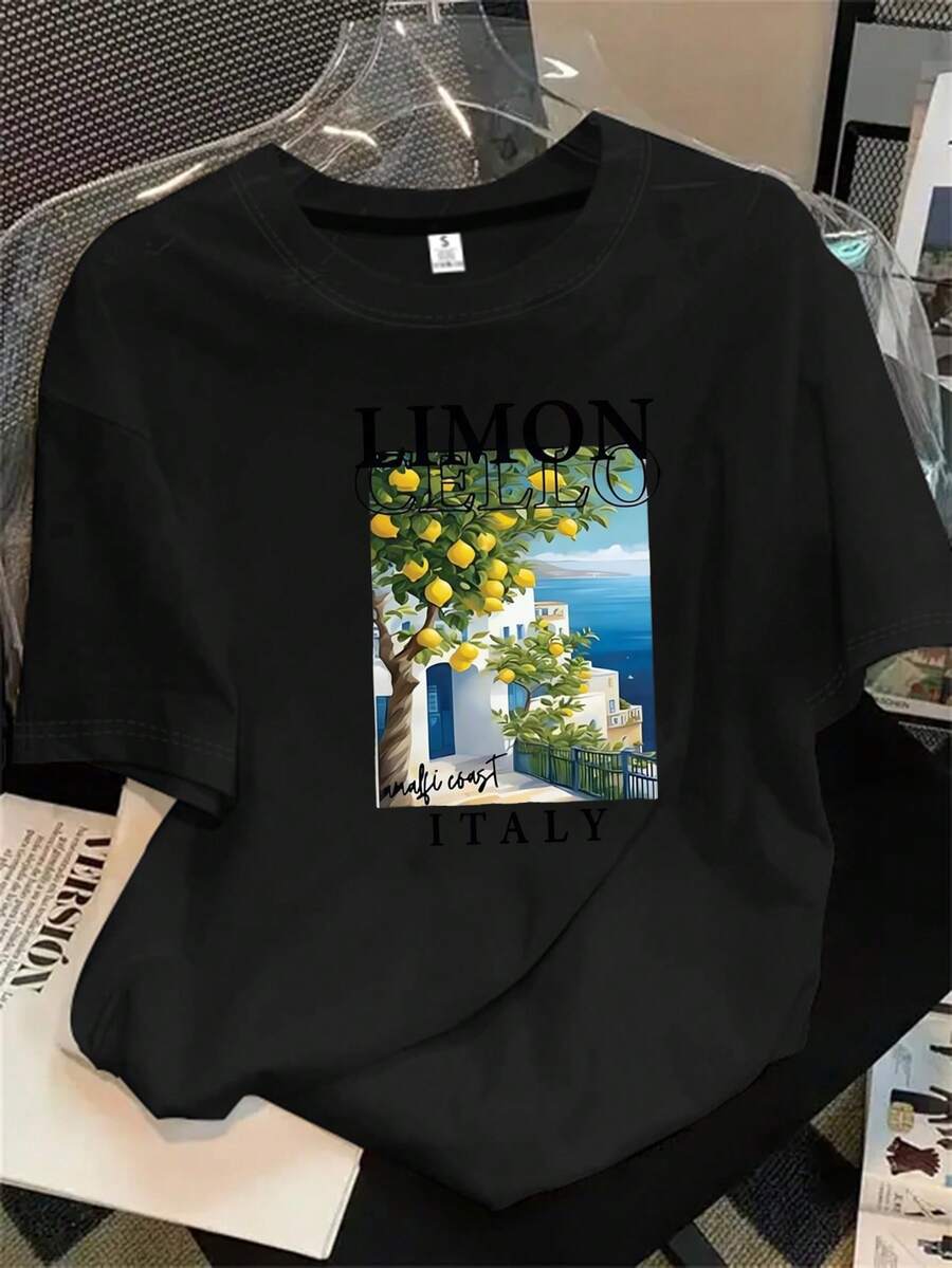 Camisetas de algodón estampadas de moda para mujer, letras en inglés, Navidad, Halloween, lindos patrones de dibujos animados, patrones de flores y otros estampados, telas cómodas, - Negro - Ver 1