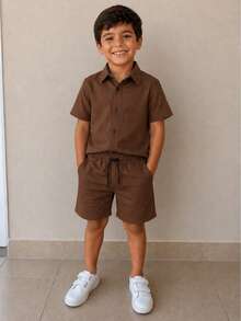 Boys' Comfortable Shirt And Shorts Set In Viscose Linen - Óxido marrón - Ver 3