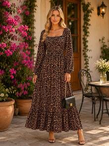Women's Long Crepe Dress With Silk Long Sleeve Elasec - Rust Brown - View 2