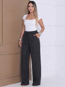 Women's Cold Weather Ribbed Knit Pants, Wide Leg, High Waist, Comfortable, Casual Fashion - 黑色 - 查看 4
