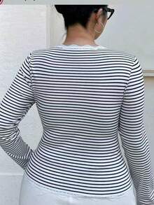 Women's Striped Colorblock Front Button Contrast Lace Cardigan - White - View 6