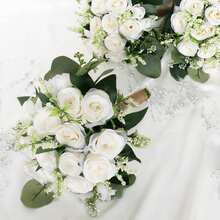 1pc New Artificial White Rose Flower Bouquet Wedding Supplies Suitable For Bridesmaids And Brides, Photography Props, Party Accessories - White - View 9
