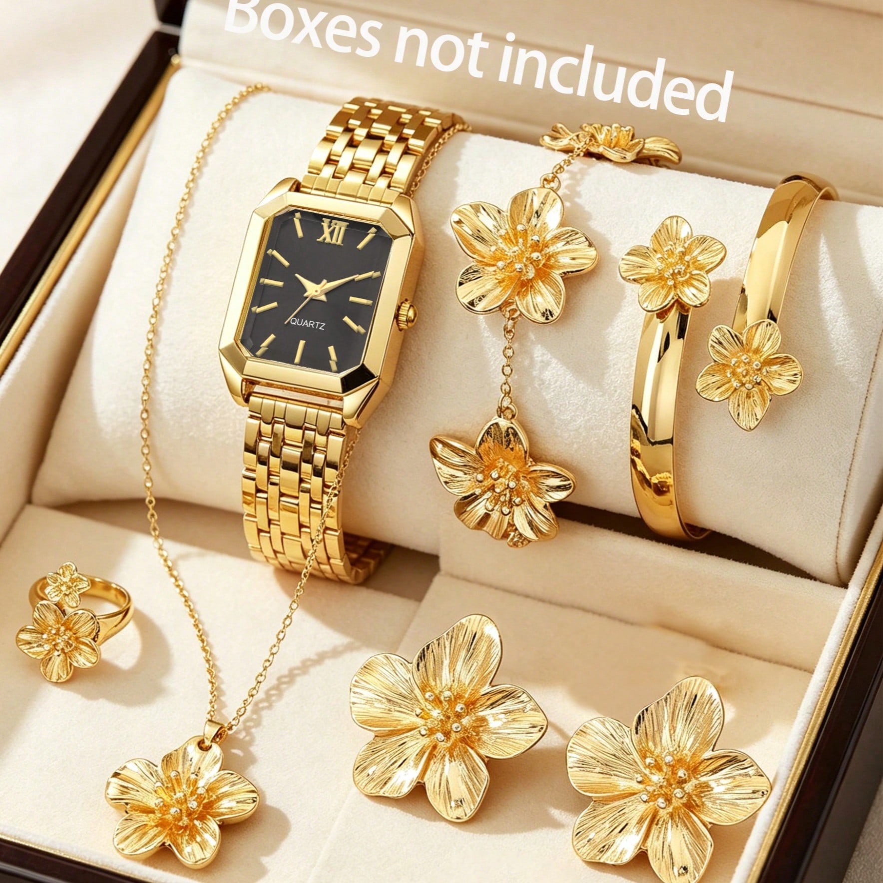 7Pcs Floral Jewelry Watch Set, Square Quartz Wrist Watch Flower Earrings Necklace Ring Bangle Luxury Elegant Gift Jewelry Set