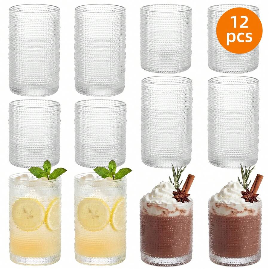 Tomnk 12/16pack Hobnail Drinking Glasses, 12 Oz Highball Glasses & 10 Oz Cocktail Glasses , Clear Embossed Boho Glass Cups Kitchen Bar Tumbler Glassware Set For Whiskey, Beer, Juice, Milk, Ideal Birthday Gift - Clear - View 1