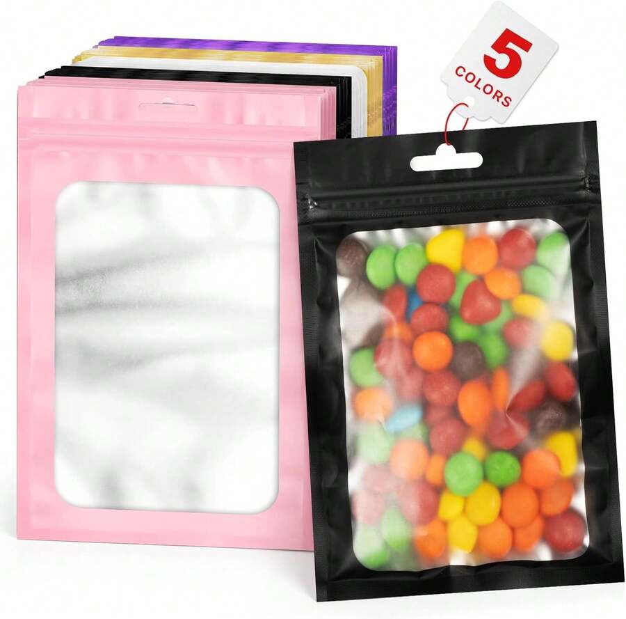 ANZNKU 100 PCS Multicolor Resealable Mylar Bags With Zipper And Frosted Clear Window, Packaging Bags Foil Pouch Bag For Food Self Sealing Jewelry Storage Supplies (7.08x10.24) - 顏色A - 查看 1