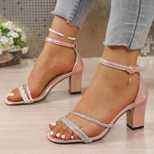 Women's Rhinestone Decor Round Toe Open Toe High Heel Sandals Summer Sexy One-Strap Ankle Pearl Lace-Up Party Wedding High Heels - Pink - View 3