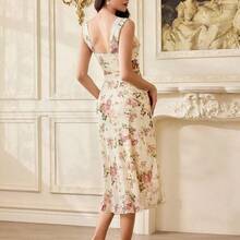 yonghongmaoyi1  Vestido ajustado con estampado floral vintage, tirantes ajustables, cintura entallada, longitud hasta la rodilla, fondo color albaricoque con flores rosas - Albaricoque - Ver 6