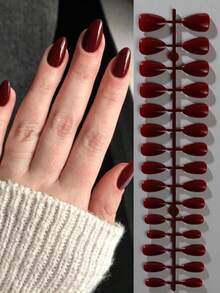 Conjunto de 150 adesivos de unhas em formato amêndoa na cor vermelho vinho, com design minimalista de manicure francesa. Encaixe perfeito. Adesivos de unhas em acrílico nas cores vinho e vermelho, ideais para o dia a dia, trabalho, férias e festas. - Borgonha - Ver 2