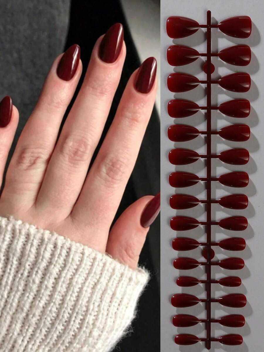 Conjunto de 150 adesivos de unhas em formato amêndoa na cor vermelho vinho, com design minimalista de manicure francesa. Encaixe perfeito. Adesivos de unhas em acrílico nas cores vinho e vermelho, ideais para o dia a dia, trabalho, férias e festas.