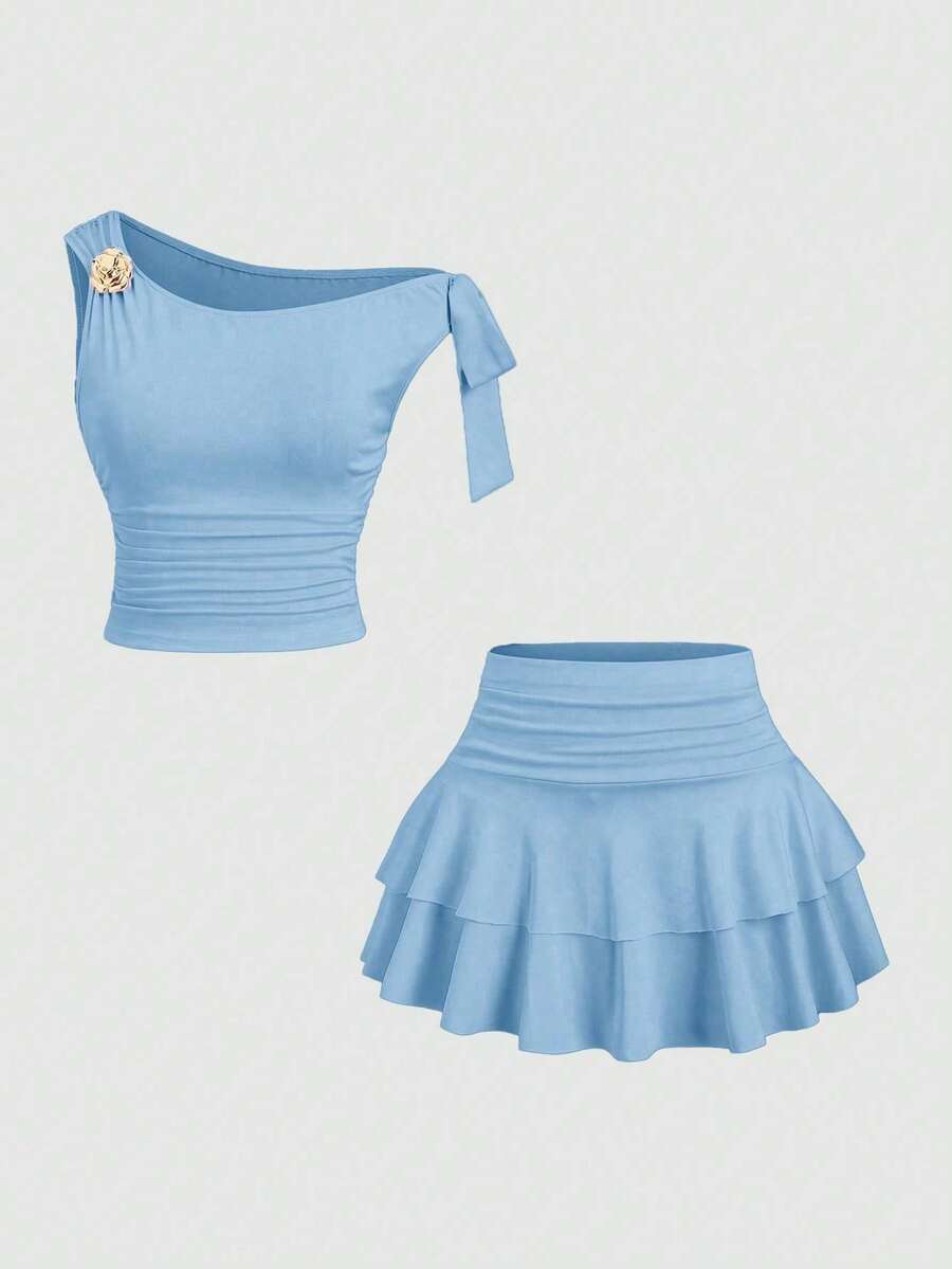 Conjunto de camiseta de tirantes y minifalda plisada y con volantes de estilo floral metálico bronce para mujer - Azul - Ver 1